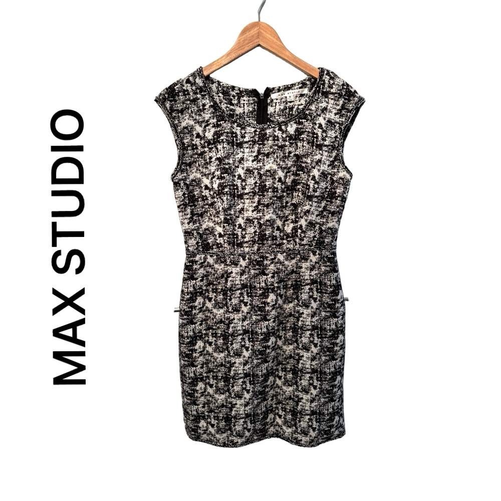 Max Studio Sheath Black & White Tweed Jacquard Cap Sleeve Back Zip Dress…